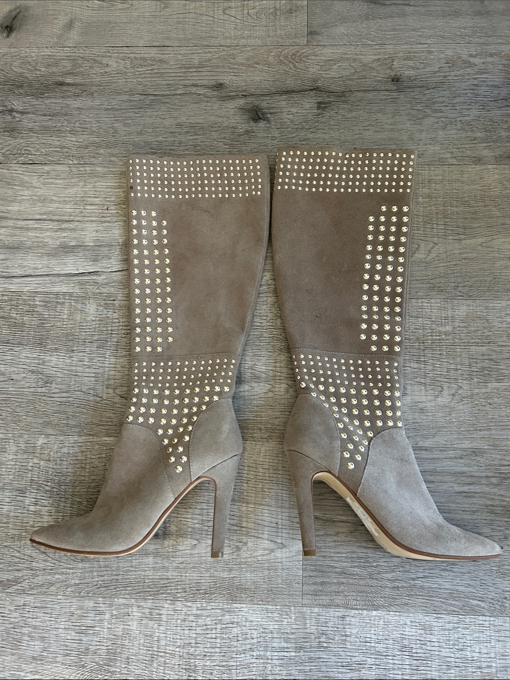 Taupe Suede Studded Knee-High Heeled Boots - Western Boho Edgy Women’s